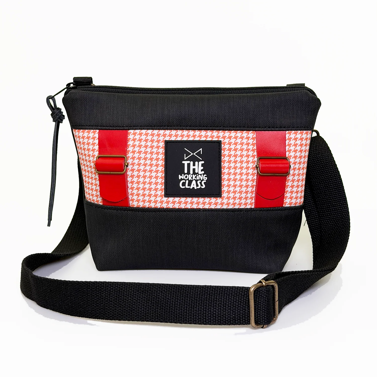 Bandolera Mini Basket negro - pata de gallo naranja.