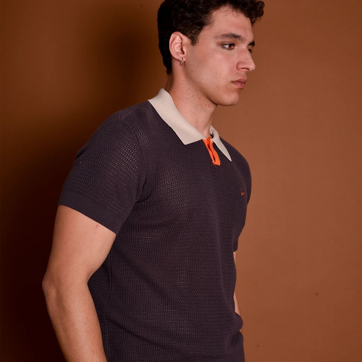 Men's Short Sleeve Mesh Polo w/ Button Marrón grisaceo - Image 4